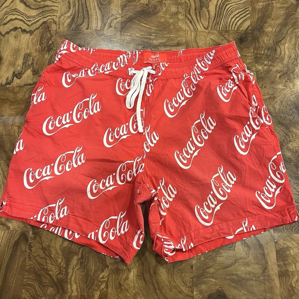 Pacsun Coca-Cola Swim Trunks Men Medium Red Good All Over Logo Print Shorts